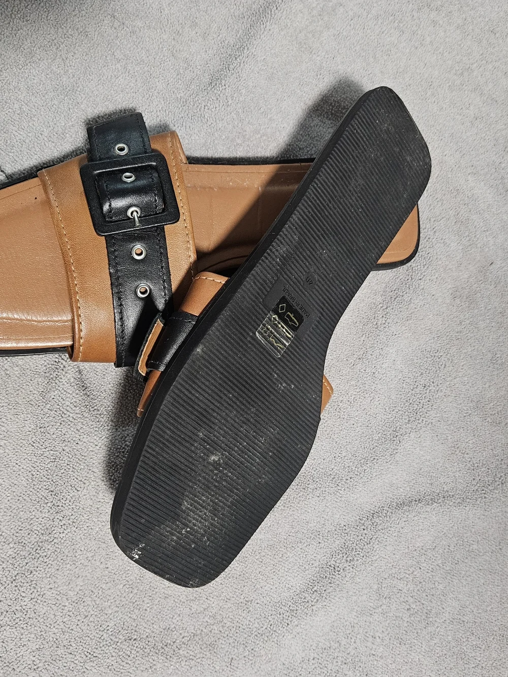 Anthropologie Tan and Black Buckle Slide Sandals